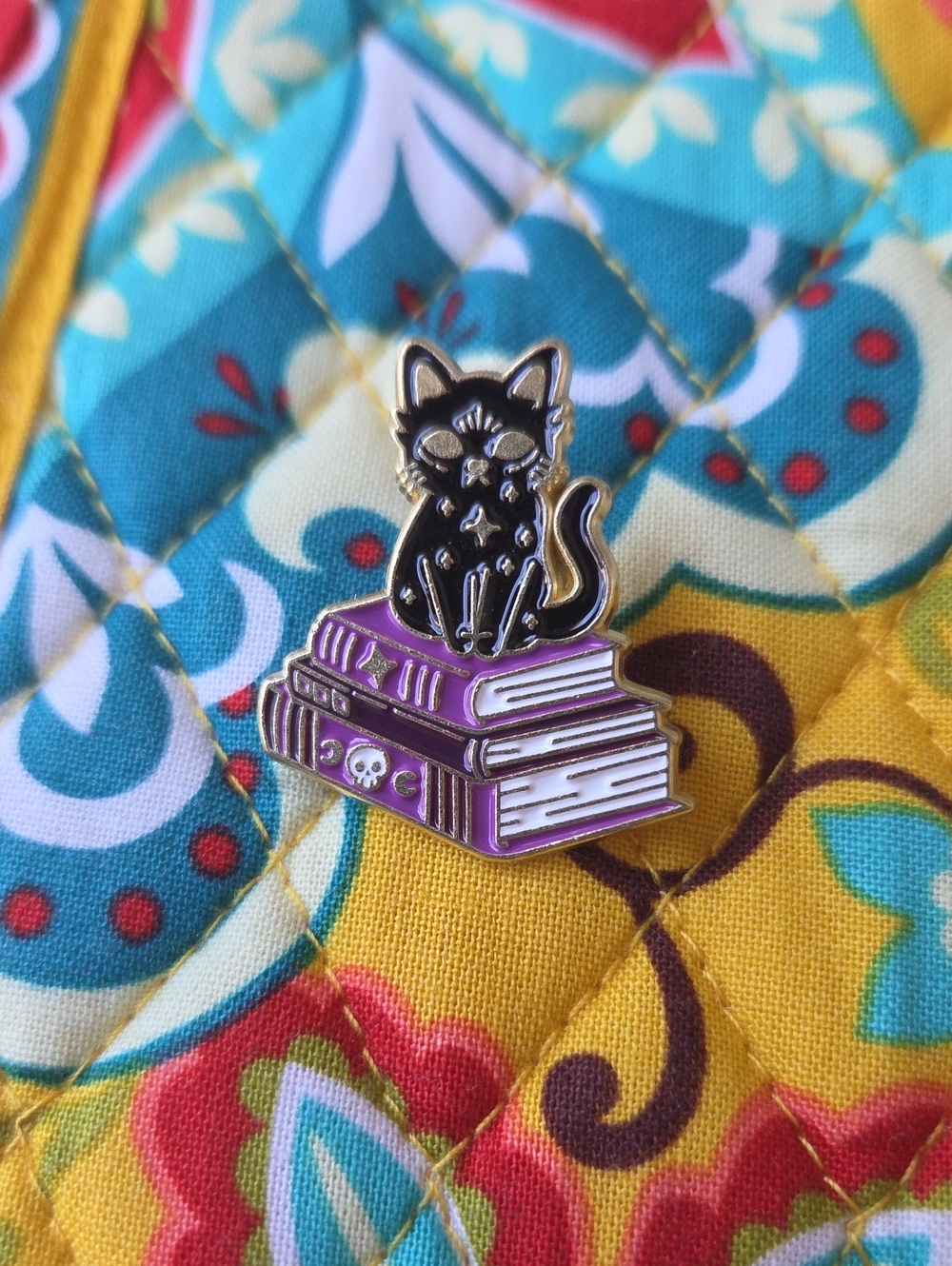Black Cat on Purple Books Enamel Pin - Cat Accessory